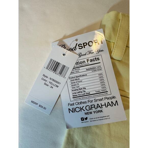 Nick Graham Modern Fit Stretch Chino Sport Shorts Mens 34 Flat Front Yellow - Picture 6 of 6